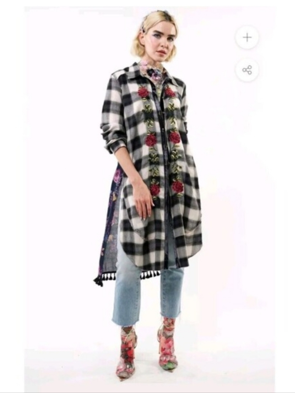 Embroidered Black & White Plaid Button-Down Shirt Dress